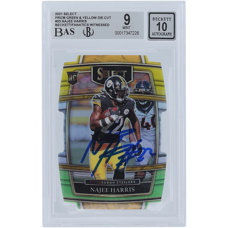 Najee Harris Pittsburgh Steelers Autographed 2021 Panini Select Green & Yellow Die Cut #53 Beckett Fanatics Witnessed Authenticated 9/10 Rookie Card