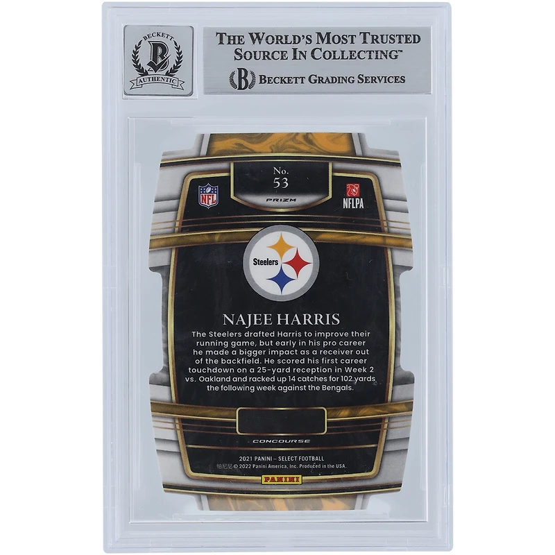 Najee Harris Pittsburgh Steelers Autographed 2021 Panini Select Green & Yellow Die Cut #53 Beckett Fanatics Witnessed Authenticated 9/10 Rookie Card