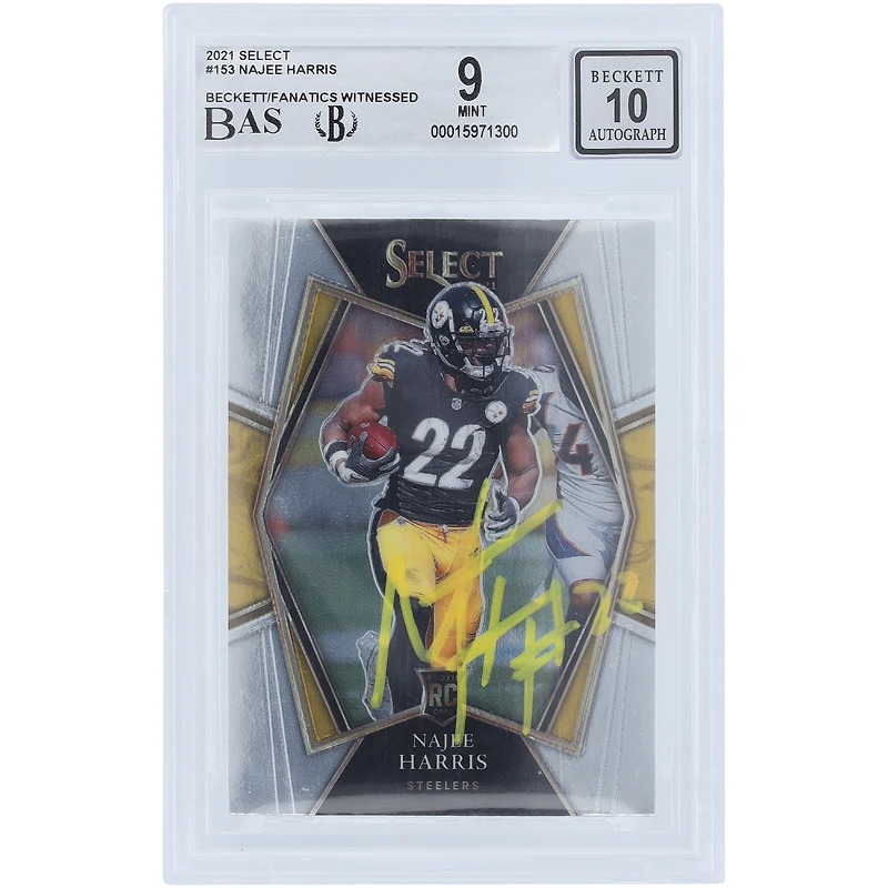 Carte de recrue 9/10 authentifiée autographiée par Najee Harris des Pittsburgh Steelers Panini Select #153 Beckett Fanatics Witnessed 2021