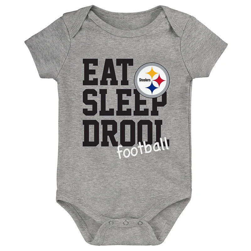 Lot de trois bodys rétro Eat, Sleep & Drool des Pittsburgh Steelers pour nouveau-nés et nourrissons, noir/doré/gris chiné