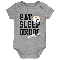 Lot de trois bodys rétro Eat, Sleep & Drool des Pittsburgh Steelers pour nouveau-nés et nourrissons, noir/doré/gris chiné
