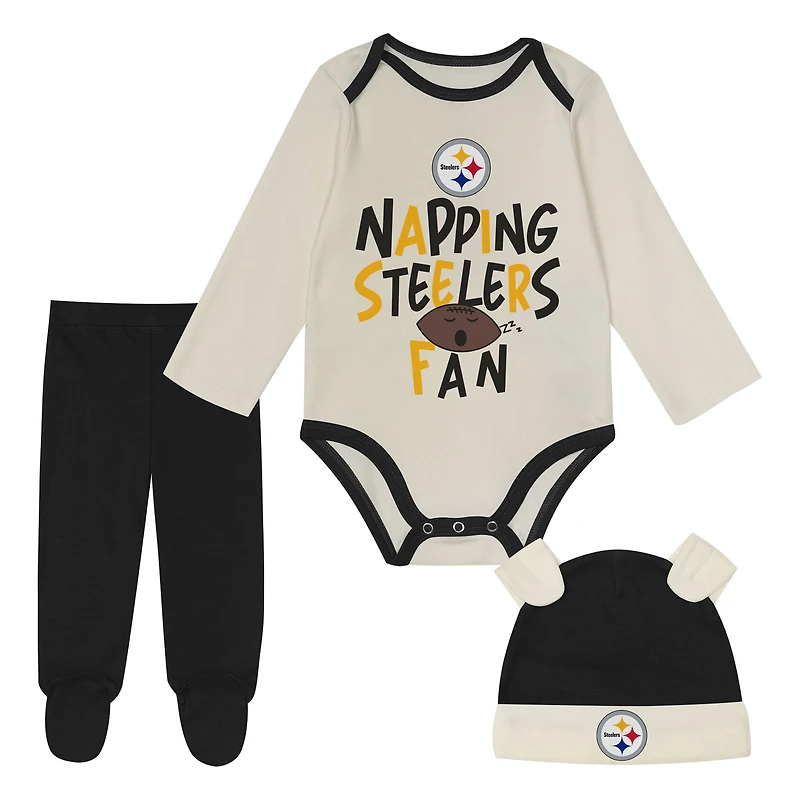 Newborn Outerstuff Black Pittsburgh Steelers Little Champ Three-Piece Long Sleeve Bodysuit, Pants and Cuffed Hat Set