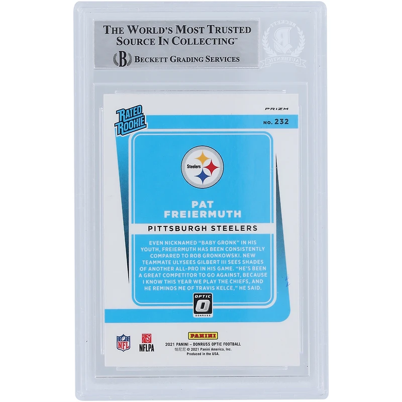 Pat Freiermuth Pittsburgh Steelers 2021 Panini Donruss Optic Rated Rookie Blue Scope #232 Beckett Fanatics Witnessed Rookie Card