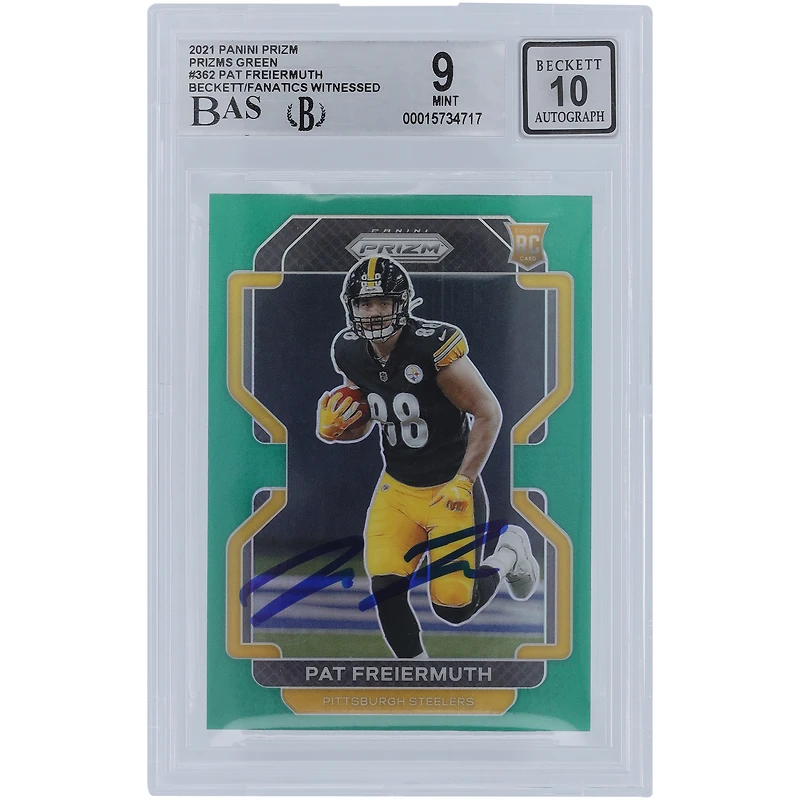 Carte de recrue 9/10 authentifiée 2021 Panini Prizm Green #362 signée Pat Freiermuth des Pittsburgh Steelers par les fanatiques de Beckett