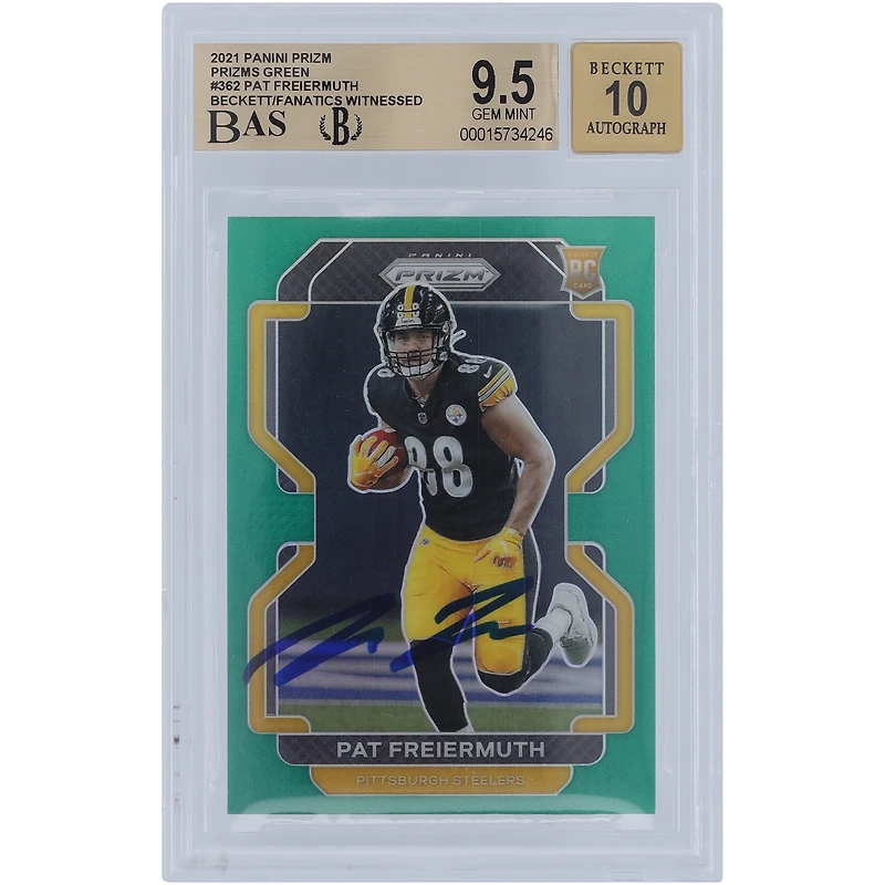 Carte de recrue Panini Prizm verte 2021 autographiée par Pat Freiermuth des Pittsburgh Steelers #362 Beckett Fanatics Witnessed Authenticated 9.5/10