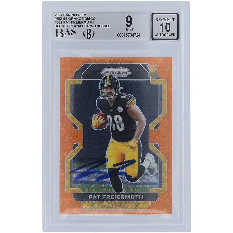 Carte de recrue 9/10 authentifiée signée Pat Freiermuth des Pittsburgh Steelers Panini Prizm Orange Disco #362 2021 Beckett Fanatics