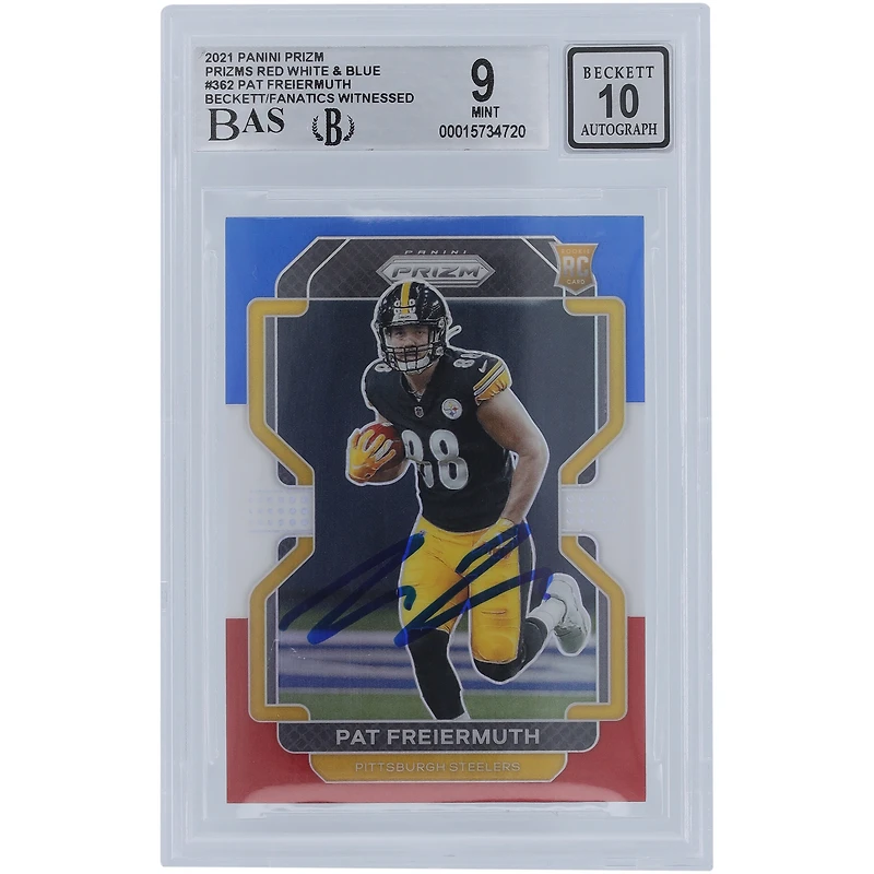 Pat Freiermuth Pittsburgh Steelers Autographed 2021 Panini Prizm Red White & Blue #362 Beckett Fanatics Witnessed Authenticated 9/10 Rookie Card
