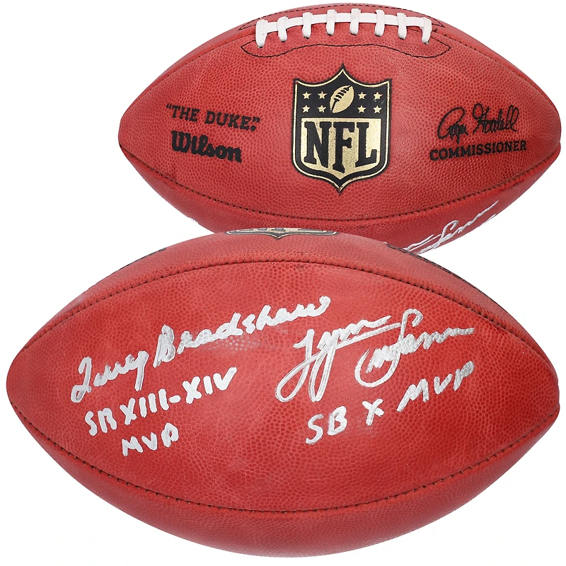 Ballon de football professionnel Wilson Duke autographié par Terry Bradshaw et Lynn Swann des Pittsburgh Steelers avec inscriptions MVP du Super Bowl