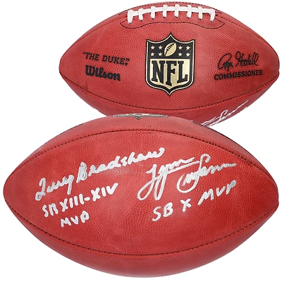 Ballon de football professionnel Wilson Duke autographié par Terry Bradshaw et Lynn Swann des Pittsburgh Steelers avec inscriptions MVP du Super Bowl