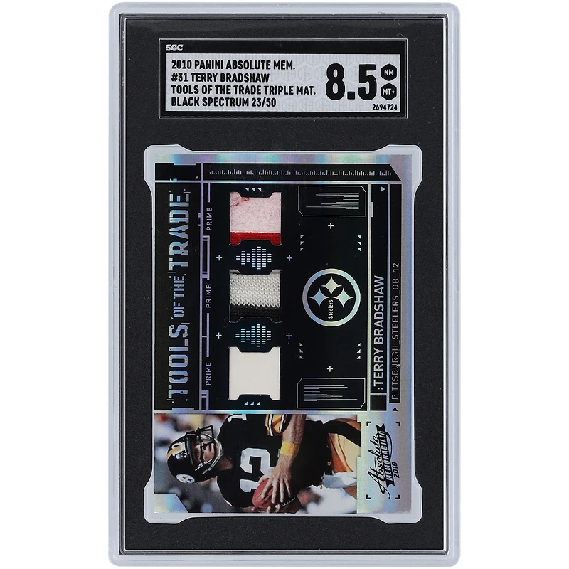 Carte 8,5 authentifiée Panini Absolute Triple GU Relic n° 31 n° 23/50 SGC des Steelers de Pittsburgh 2010 de Terry Bradshaw