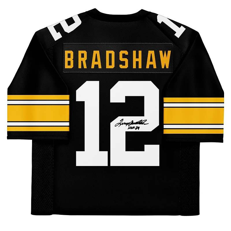 Maillot authentique noir Mitchell & Ness autographié par Terry Bradshaw des Steelers de Pittsburgh, avec inscription « HOF 89 ».