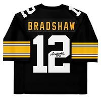 Maillot authentique noir Mitchell & Ness autographié par Terry Bradshaw des Steelers de Pittsburgh, avec inscription « HOF 89 ».