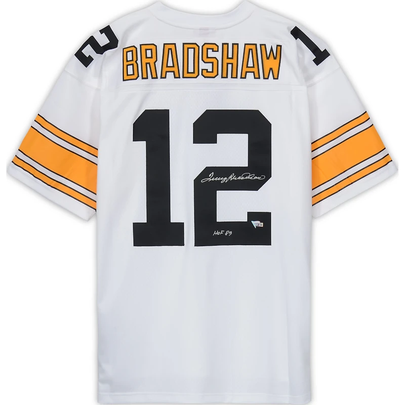 Terry Bradshaw Pittsburgh Steelers Autographed White Mitchell & Ness Replica Jersey with "HOF 89" Inscription
