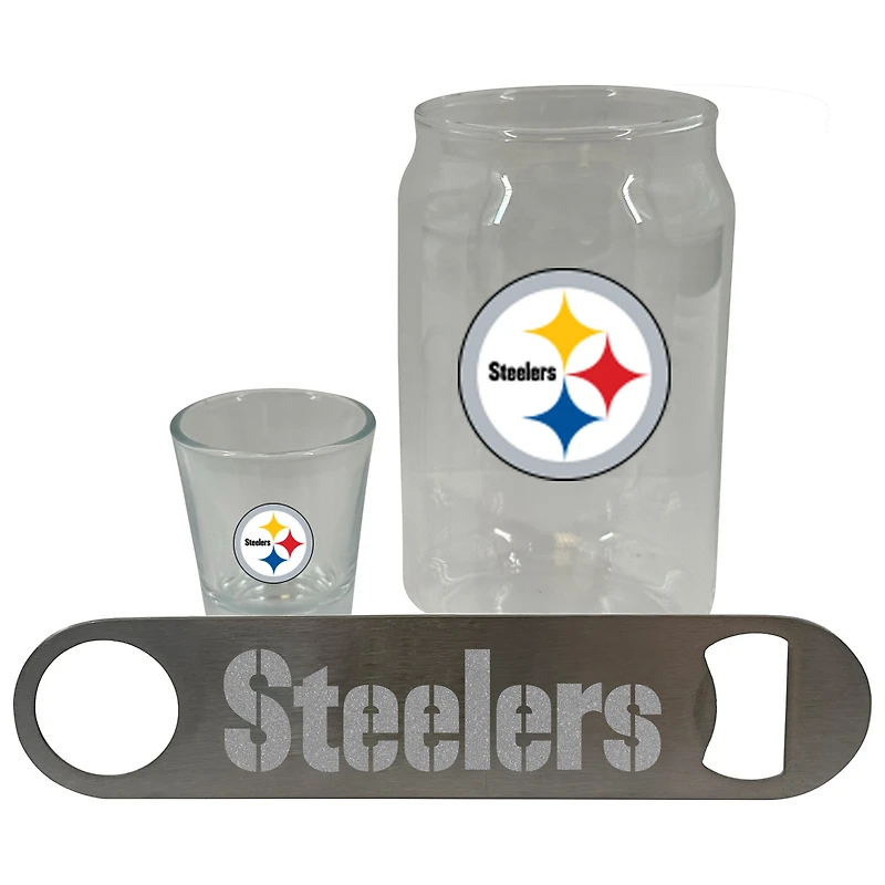 Ensemble de trois verres à bière Pittsburgh Steelers de The Memory Company, verre à liqueur de 2 oz et décapsuleur