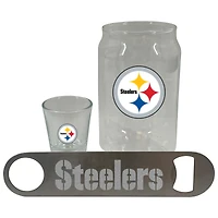 Ensemble de trois verres à bière Pittsburgh Steelers de The Memory Company, verre à liqueur de 2 oz et décapsuleur