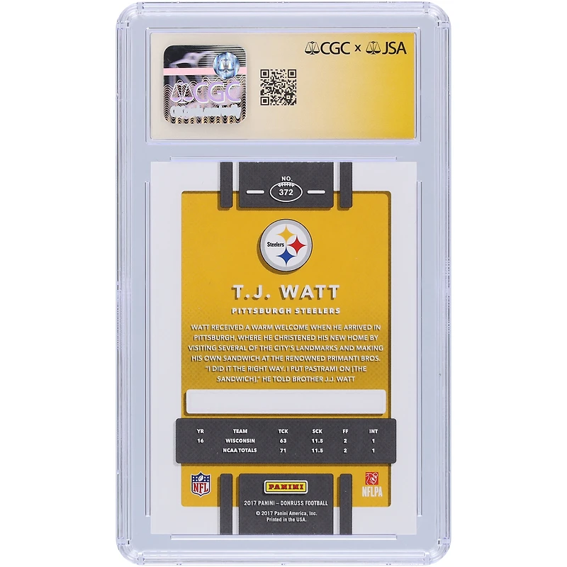 T.J. Watt Pittsburgh Steelers Autographed 2017 Panini Donruss #372 CGC Fanatics Witnessed Authenticated 10/10 Rookie Card