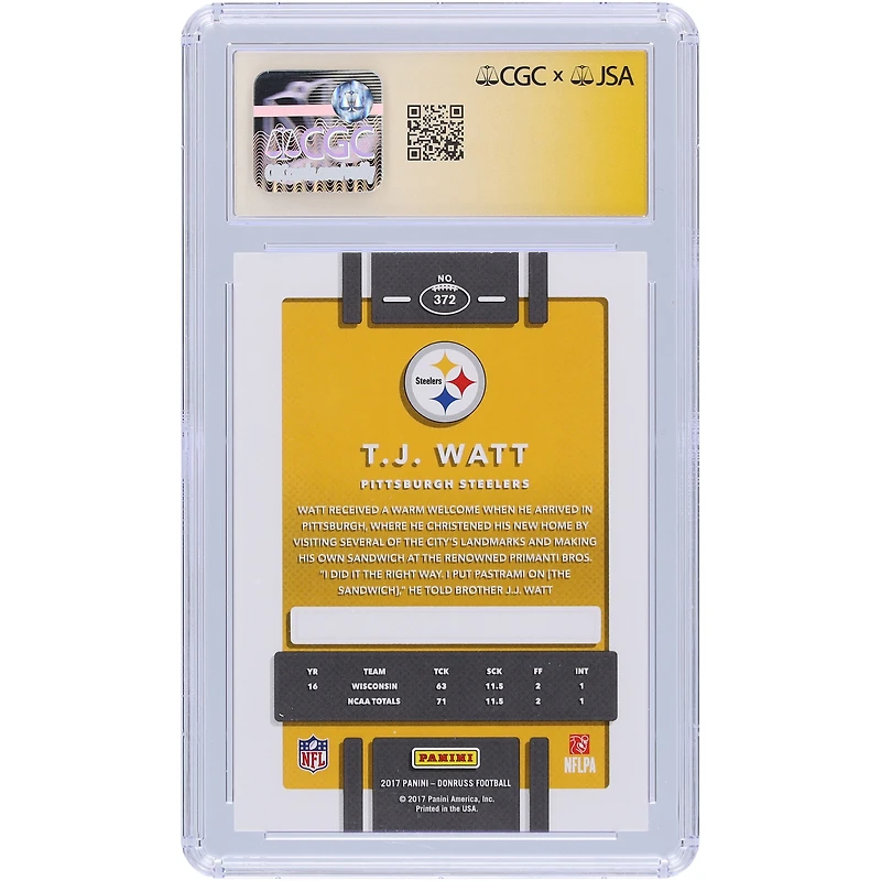 T.J. Watt Pittsburgh Steelers Autographed 2017 Panini Donruss #372 CGC Fanatics Witnessed Authenticated 9/10 Rookie Card