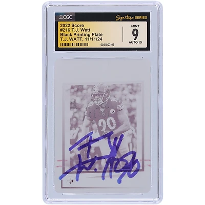 T.J. Watt Pittsburgh Steelers Autographed 2022 Panini Score Black Printing Plate #216 #1/1 CGC Fanatics Witnessed Authenticated 9/10 Card