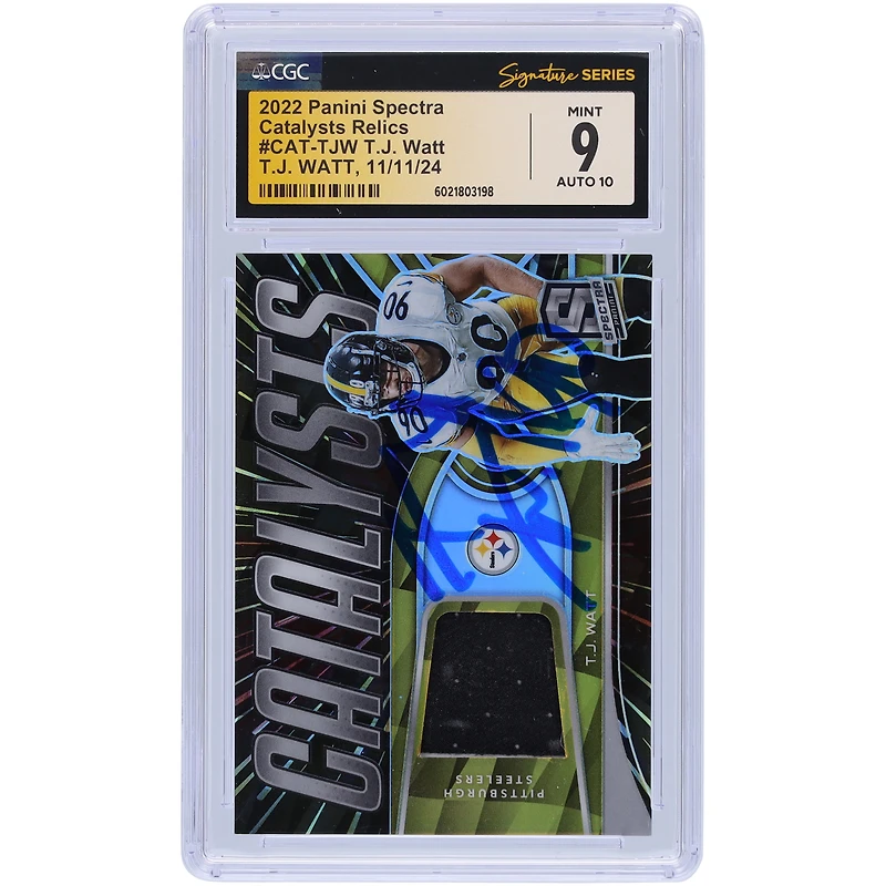 T.J. Watt Pittsburgh Steelers Autographed 2022 Panini Spectra Catalysts Jersey Relic #CAT-TJW #/75 CGC Fanatics Witnessed Authenticated 9/10 Card