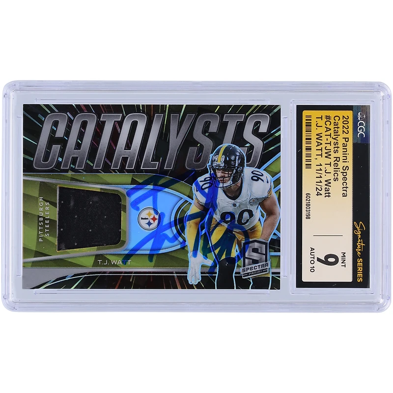 T.J. Watt Pittsburgh Steelers Autographed 2022 Panini Spectra Catalysts Jersey Relic #CAT-TJW #/75 CGC Fanatics Witnessed Authenticated 9/10 Card