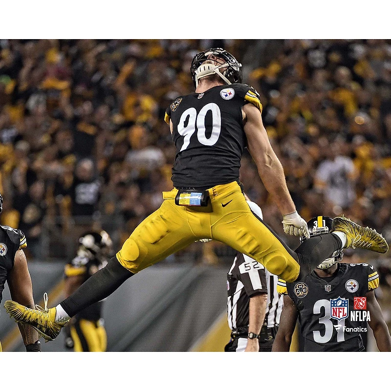 Photographie non signée de T.J. Watt, joueur des Pittsburgh Steelers, célébrant un saut