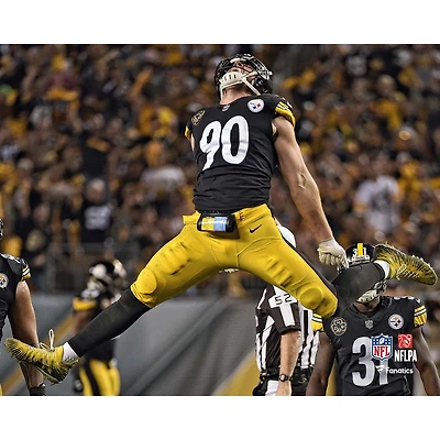 Photographie non signée de T.J. Watt, joueur des Pittsburgh Steelers, célébrant un saut