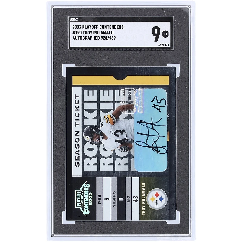 Troy Polamalu Pittsburgh Steelers Autographed 2003 Playoff Contenders Autograph #190 #928/989 SGC Authenticated 9 Rookie Card