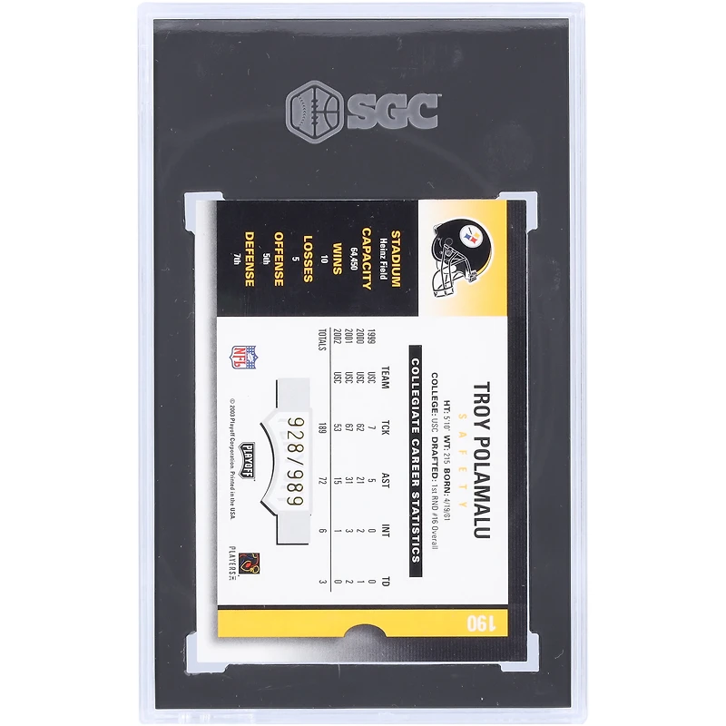 Troy Polamalu Pittsburgh Steelers Autographié 2003 Playoff Contenders Autographe #190 #928/989 SGC Authentifié 9 Carte Rookie