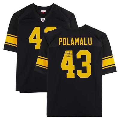 Maillot noir authentique signé Mitchell & Ness des Pittsburgh Steelers, dédicacé par Troy Polamalu, avec inscription « HOF 20 »