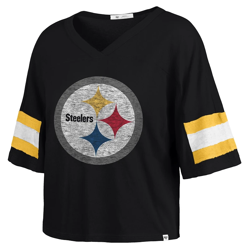 Women's '47 Black Pittsburgh Steelers  Double Header Scout Cropped V-Neck T-Shirt