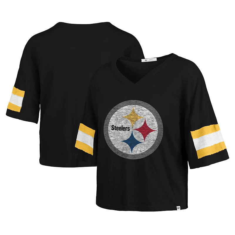 Women's '47 Black Pittsburgh Steelers Double Header Scout Cropped V-Neck T-Shirt