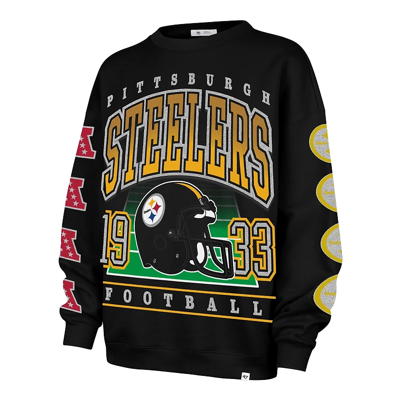 Women's '47  Black Pittsburgh Steelers Go Big Oversized Pullover Sweatshirt