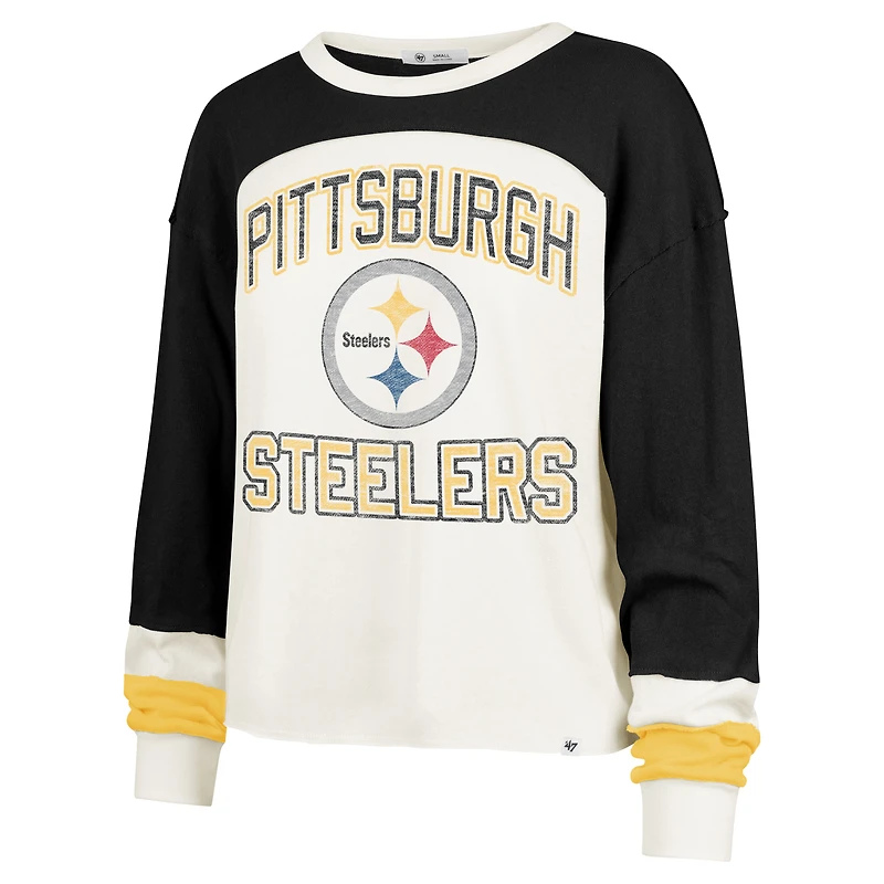 Women's '47 Cream Pittsburgh Steelers Double Header Curve Raglan Long Sleeve Crop Top