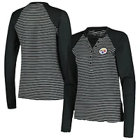 T-shirt Henley à manches longues gaufré Maverick des Pittsburgh Steelers pour femme, noir, Antigua