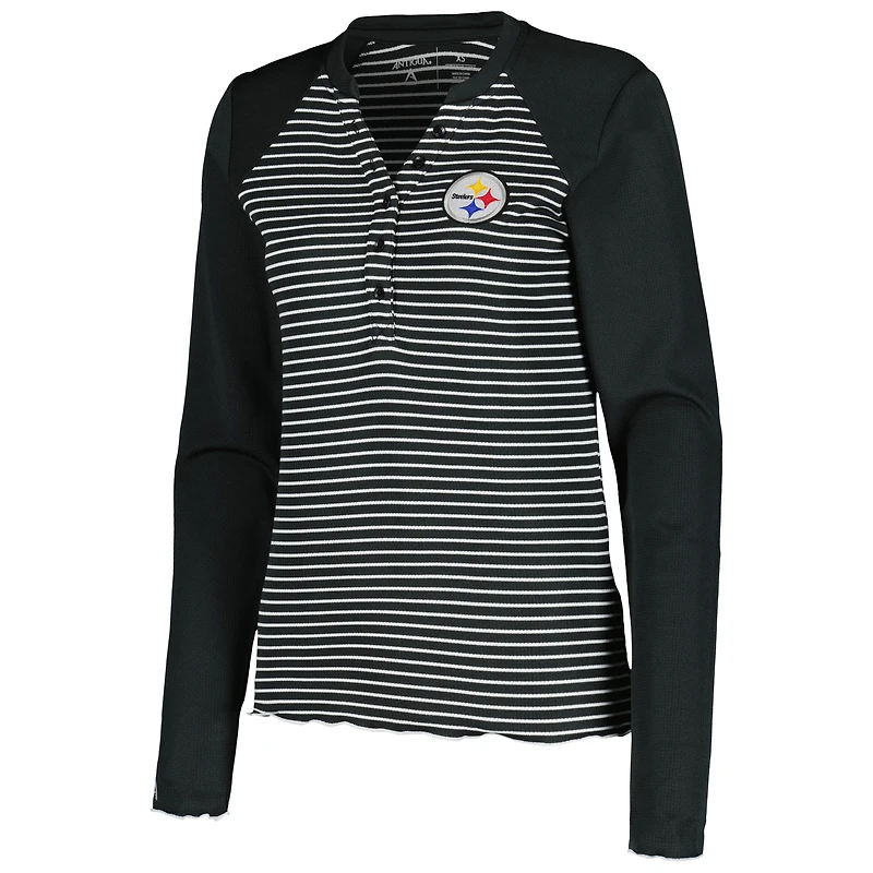 T-shirt Henley à manches longues gaufré Maverick des Pittsburgh Steelers pour femme, noir, Antigua