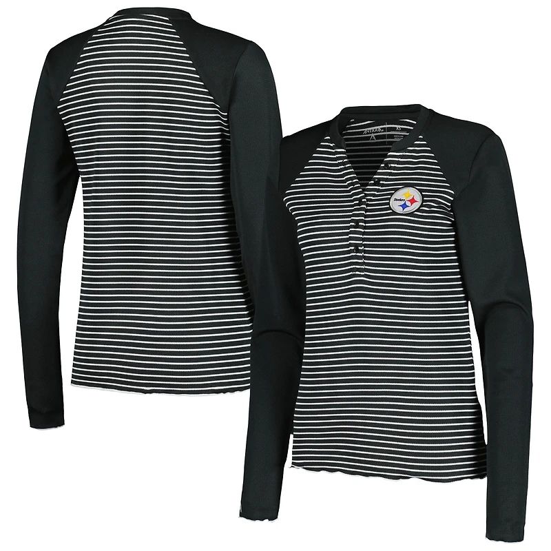 T-shirt Henley à manches longues gaufré Maverick des Pittsburgh Steelers pour femme, noir, Antigua