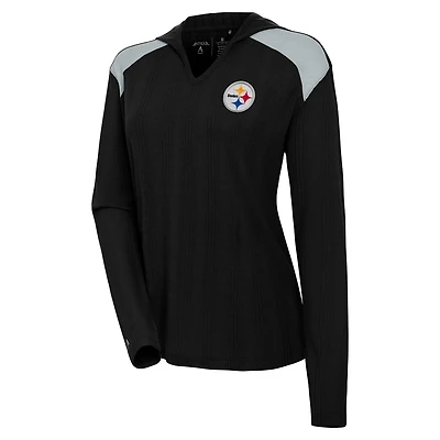 Women's Antigua Black Pittsburgh Steelers Opulent Long Sleeve Hoodie T-Shirt
