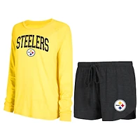 Ensemble de salon Concepts Sport pour femmes, t-shirt et short à manches longues raglan, noir/or, Pittsburgh Steelers