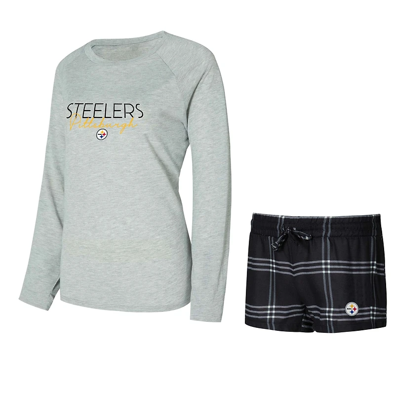 Ensemble t-shirt à manches longues et short raglan pour femme Concepts Sport noir/gris Pittsburgh Steelers Petition