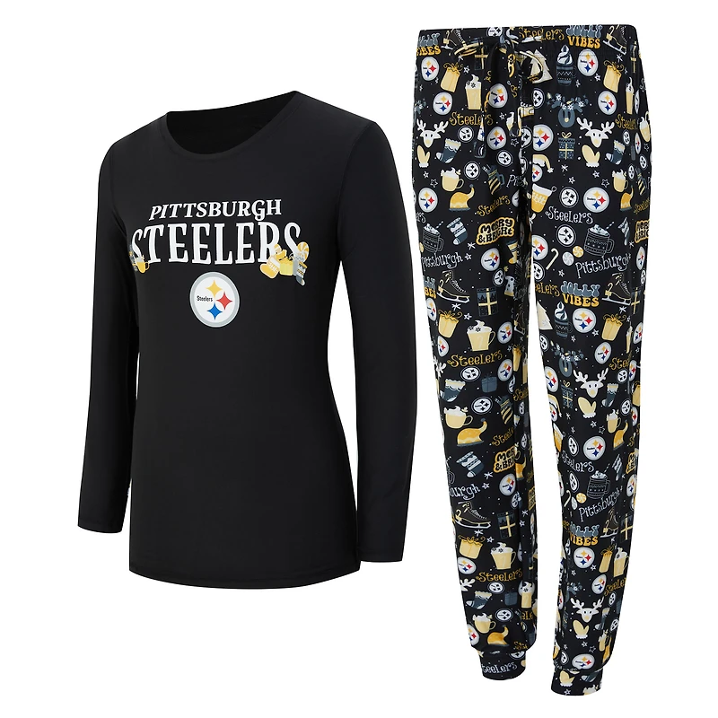 Ensemble de nuit pour femme Concepts Sport Black Pittsburgh Steelers Chestnut avec t-shirt à manches longues et pantalon