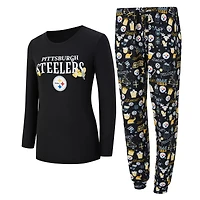 Ensemble de nuit pour femme Concepts Sport Black Pittsburgh Steelers Chestnut avec t-shirt à manches longues et pantalon