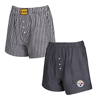 Ensemble de deux boxers Concepts Sport Charcoal Pittsburgh Steelers à rayures et couleurs unies pour femme