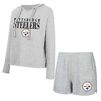 Ensemble t-shirt à capuche et short Concepts Sport gris Pittsburgh Steelers Juniper pour femmes