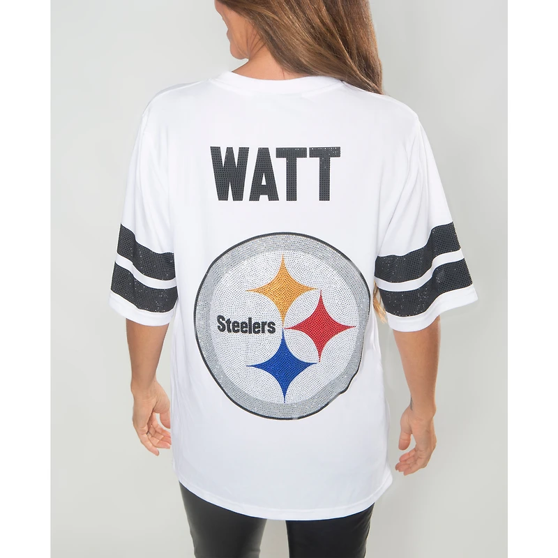 Women's Cuce T.J. Watt White Pittsburgh Steelers Crystal V-Neck Tunic