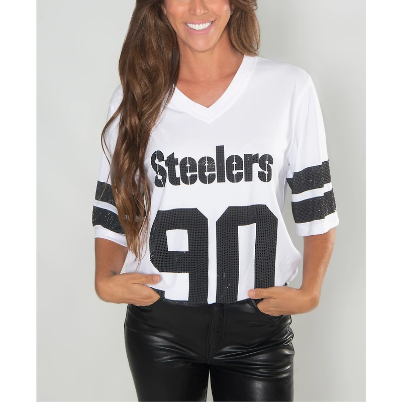 Women's Cuce T.J. Watt White Pittsburgh Steelers Crystal V-Neck Tunic