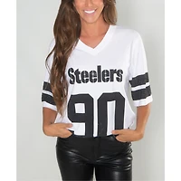 Women's Cuce T.J. Watt White Pittsburgh Steelers Crystal V-Neck Tunic