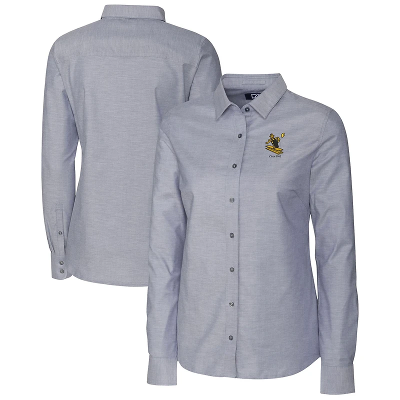 Chemise à manches longues boutonnée Cutter & Buck pour femme, logo rétro Pittsburgh Steelers, couleur anthracite.