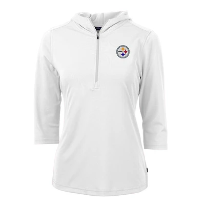 Women's Cutter & Buck White Pittsburgh Steelers Virtue Eco Pique Half-Zip 3/4 Sleeve Pullover Hoodie
