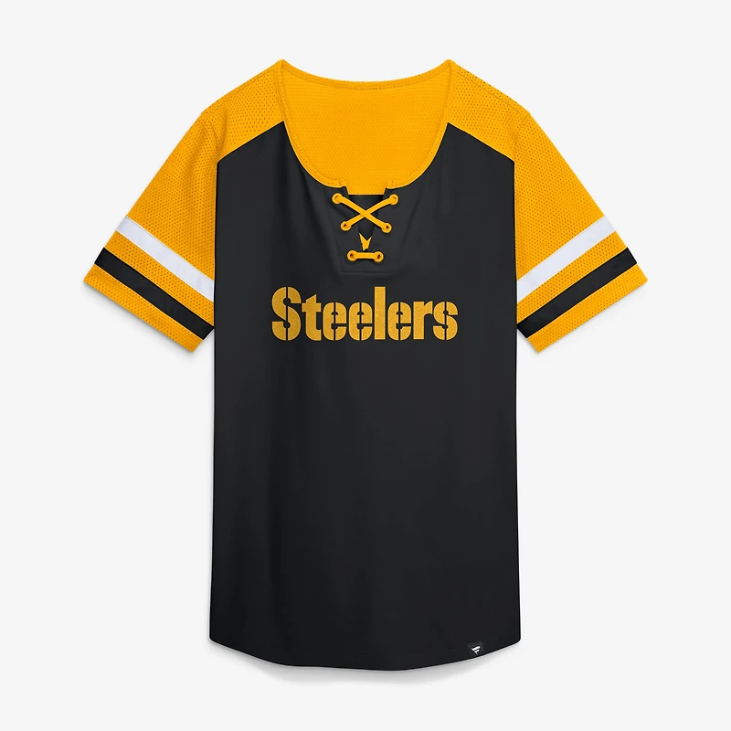 T-shirt à lacets Fanatics Black Pittsburgh Steelers Curl Route Athena pour femmes