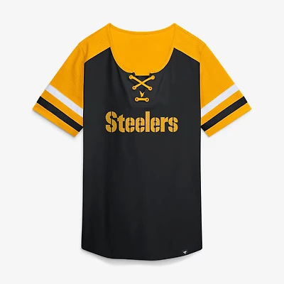 Women's Fanatics Black Pittsburgh Steelers Curl Route Athena Lace-Up T-Shirt
